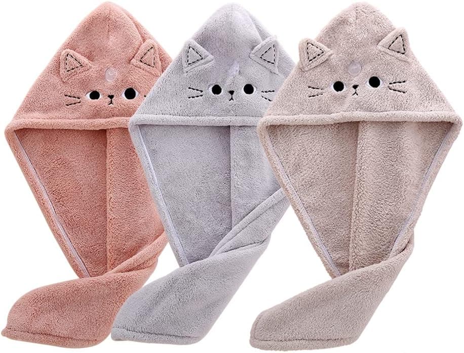 BATTILO PTY Cute Cat Microfiber Hair Towel Wrap for Kids3 Packs Hair Drying Towels Rapid Dry Hair Turban Funny Twist Hair Towel for Women Girls Kids Curly Long HairCat