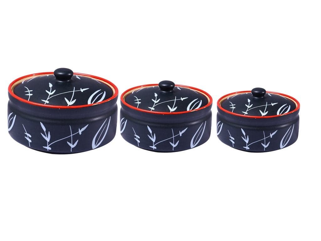 Caffeine Ceramic Handmade Black Bamboo Serving Donga with lid Set of 3 1 Large 1 Medium 1 Small