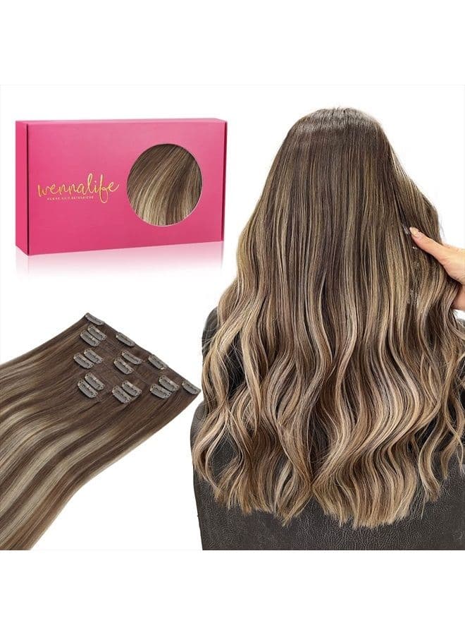 WENNALIFE Clip in Hair Extensions, 18 Inch 120g 7pcs Balayage Chocolate Brown to Honey Blonde Hair Extensions Clip in Human Hair Remy Clip in Hair Extensions Real Human Hair Double Weft