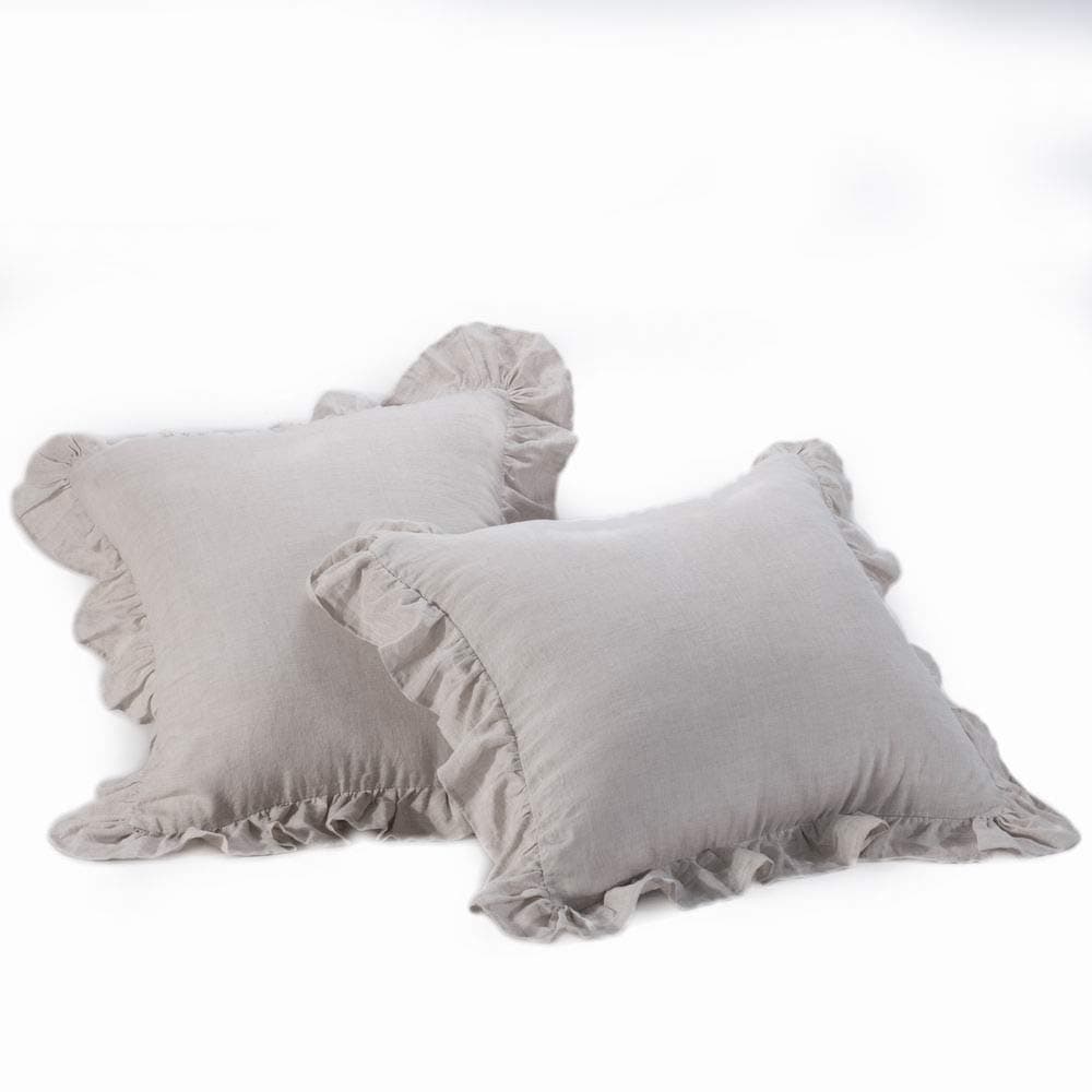 meadow park Stone Washed French Linen European Pillow Shams Set of 2 Pieces 26 inches x 26 inches Square Euro Sham Super Soft Ruffled Style Natural Color