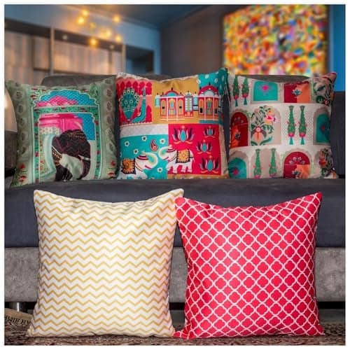 Vendola Decorative Satin Sofa Cushion Covers Set of 5, 12 inch x 12 inch, Sofa Pillow Cover, Ethnic Festive, Multicolor, Elephant Peacock Design, Zipper Closure (Majestic, 12X12 Inches)