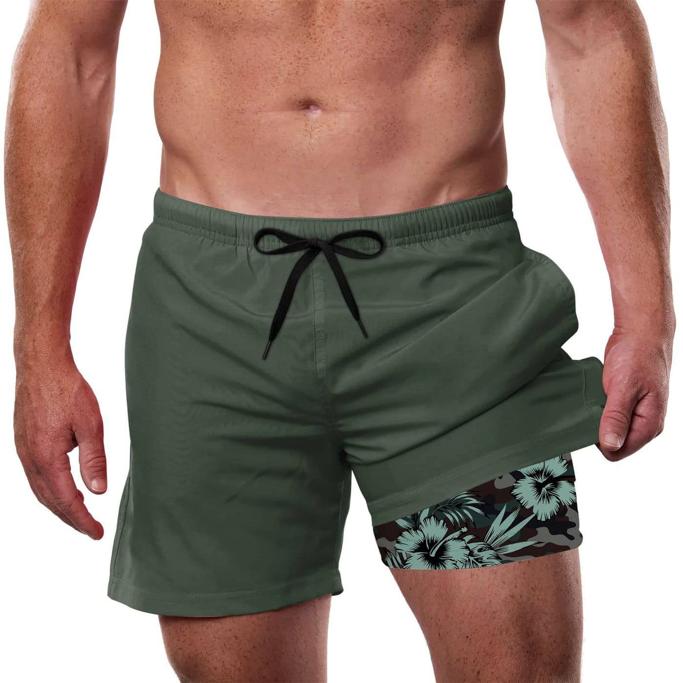 Cozople Compression Lined Swim Trunks Hibiscus Graphic Bathing Suit Stretchy Swimwear No Chafe Swimming Beach Board Shorts for Casual Shorts with Pockets