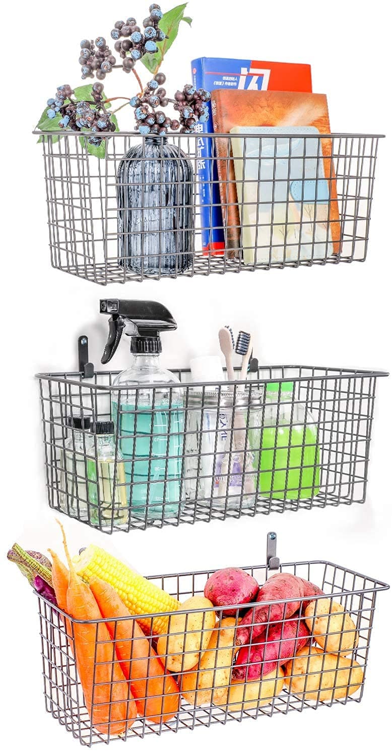 SHIOK DECOR Extra Large Hanging Wall Basket for Storage | Wall Mount Metal Wire Baskets Hanging Cabinet Bin Wall Shelves | Rustic Farmhouse Decor, Kitchen Bathroom Organizer |Set of 3 | Silver