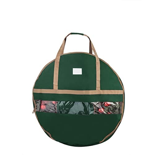 Wreath Storage Container - Canvas Bag with Clear Window and Handles Holds 48-Inch Artificial Wreath with Compartment for Ornaments by Elf Stor (Green)