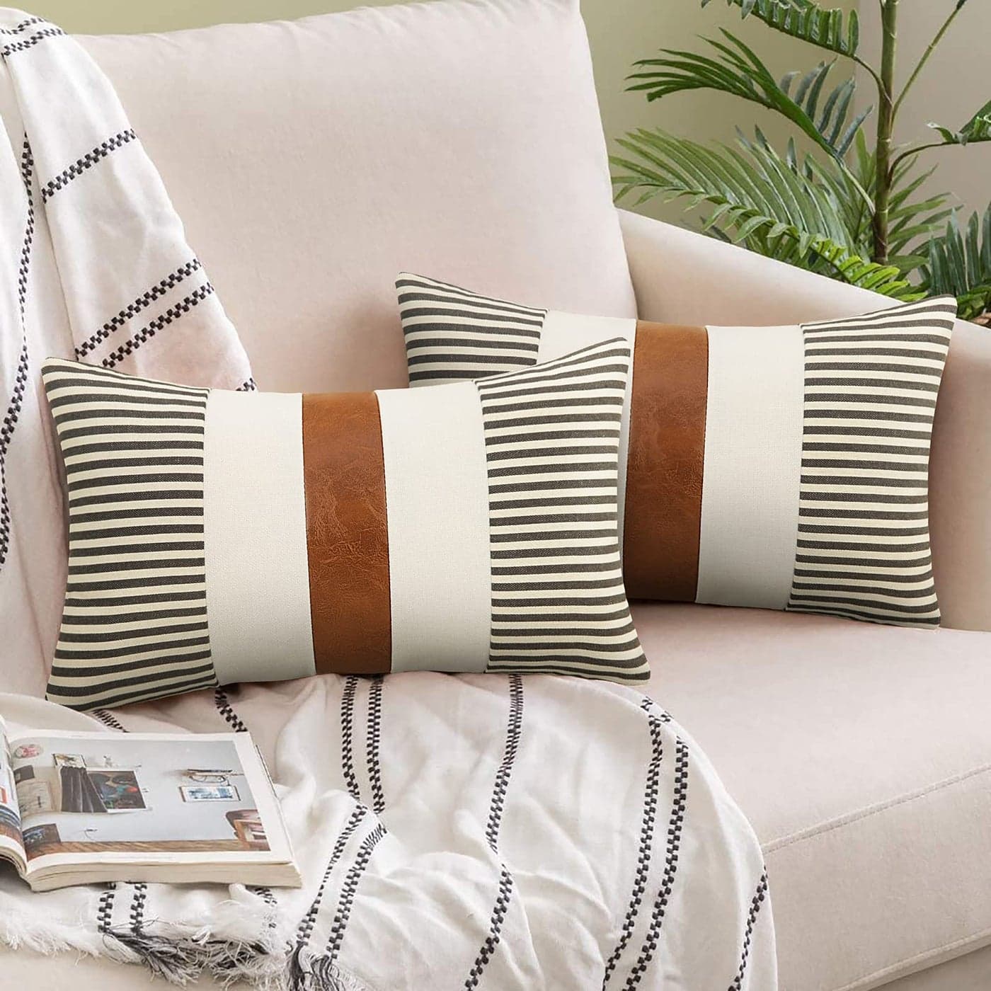 JASEN Farmhouse Throw Pillow Covers 12x20 inch Set of 2 Brown Faux Leather Throw Pillows Modern Decorative Pillow Covers for Sofa Bedroom Living Room