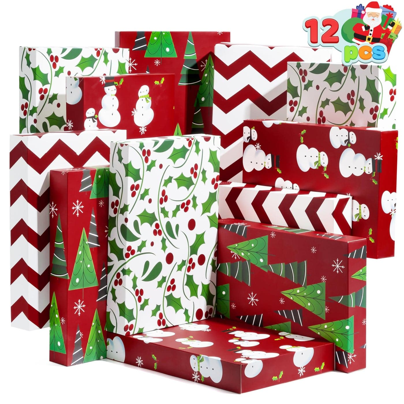JOYIN 12 PCS 14 x 95 x 2 Christmas Shirt Gift Boxes with Lids for Presents Large Robe Cardboard Boxes 4 Designs Decorative Box for Clothes Xmas Birthday Holiday Wedding Gift Wrapping Decor