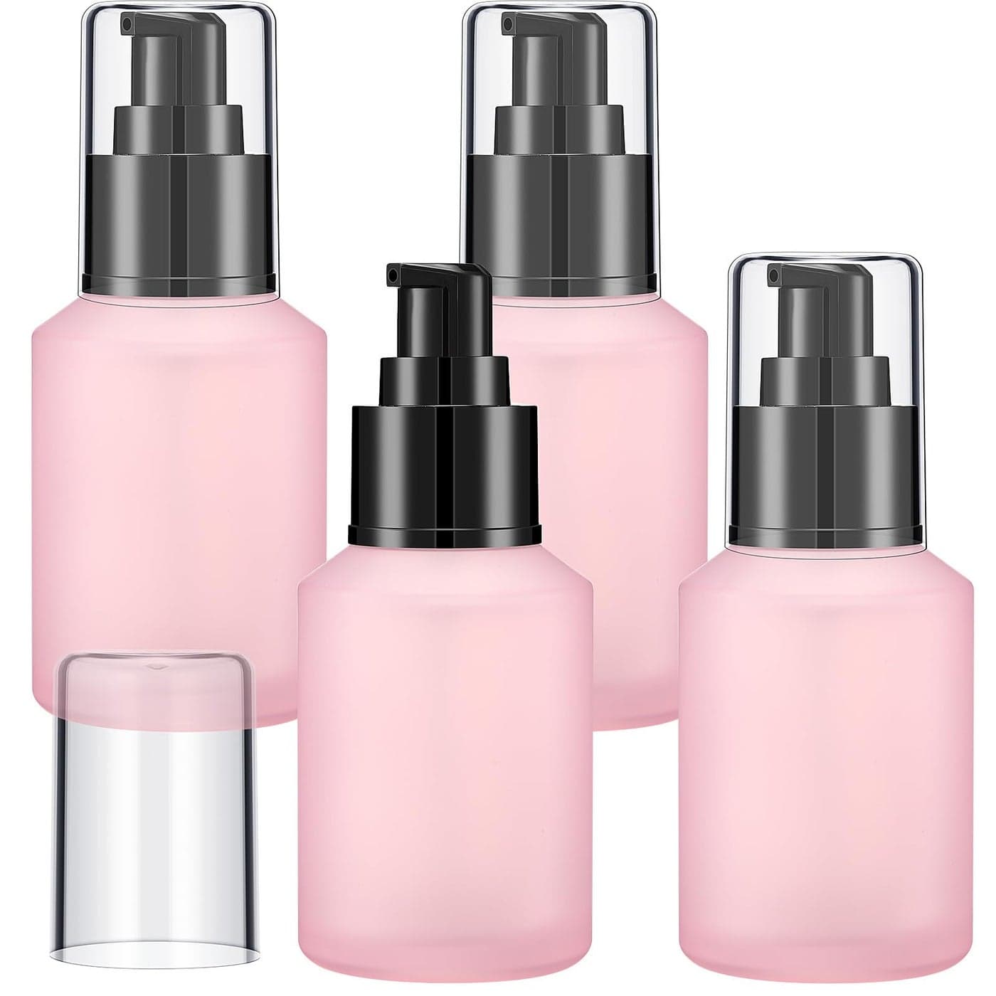 4 Pcs 60ml2oz Empty Refillable Pink Frosted Glass Creams Lotions Bottles with Pump Vial Cosmetic Dispenser Jars Makeup Emulsion Liquids Storage Container Portable Travel Bottle Cosmetic Container