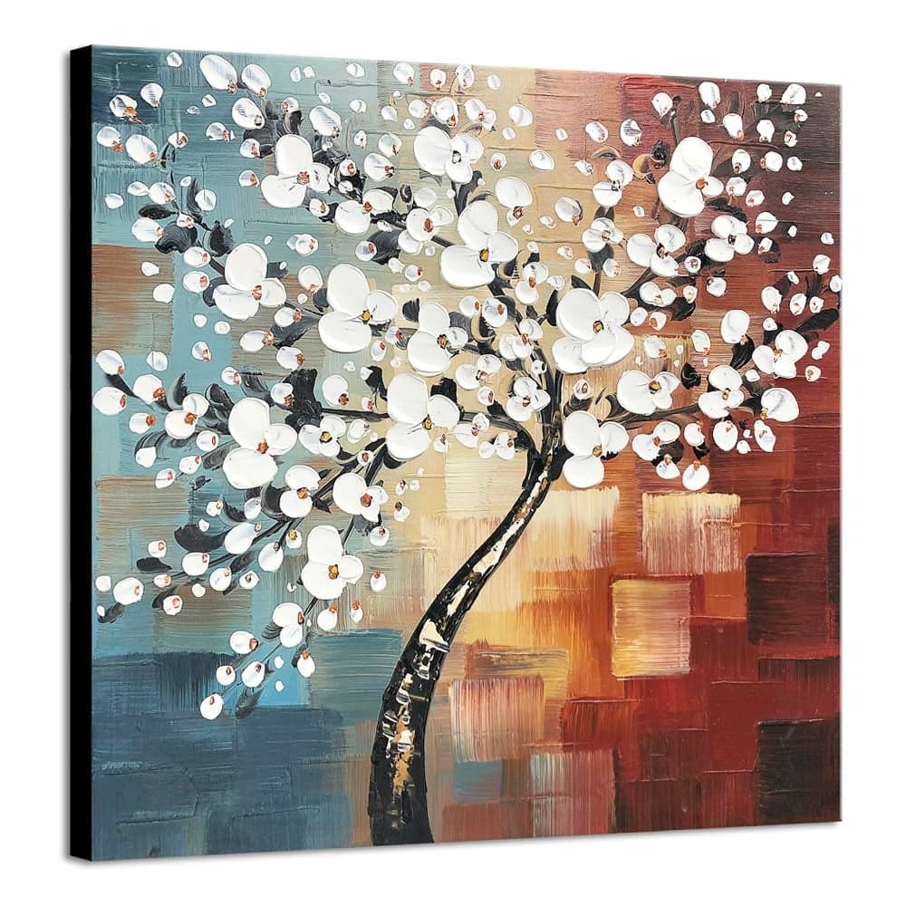 Wieco Art Large Modern Abstract White Flowers Oil Paintings on Canvas Wall Art Morning Glory 100 Hand Painted Floral Gallery Wrapped Artwork for Living Room Bedroom Home Office Decor