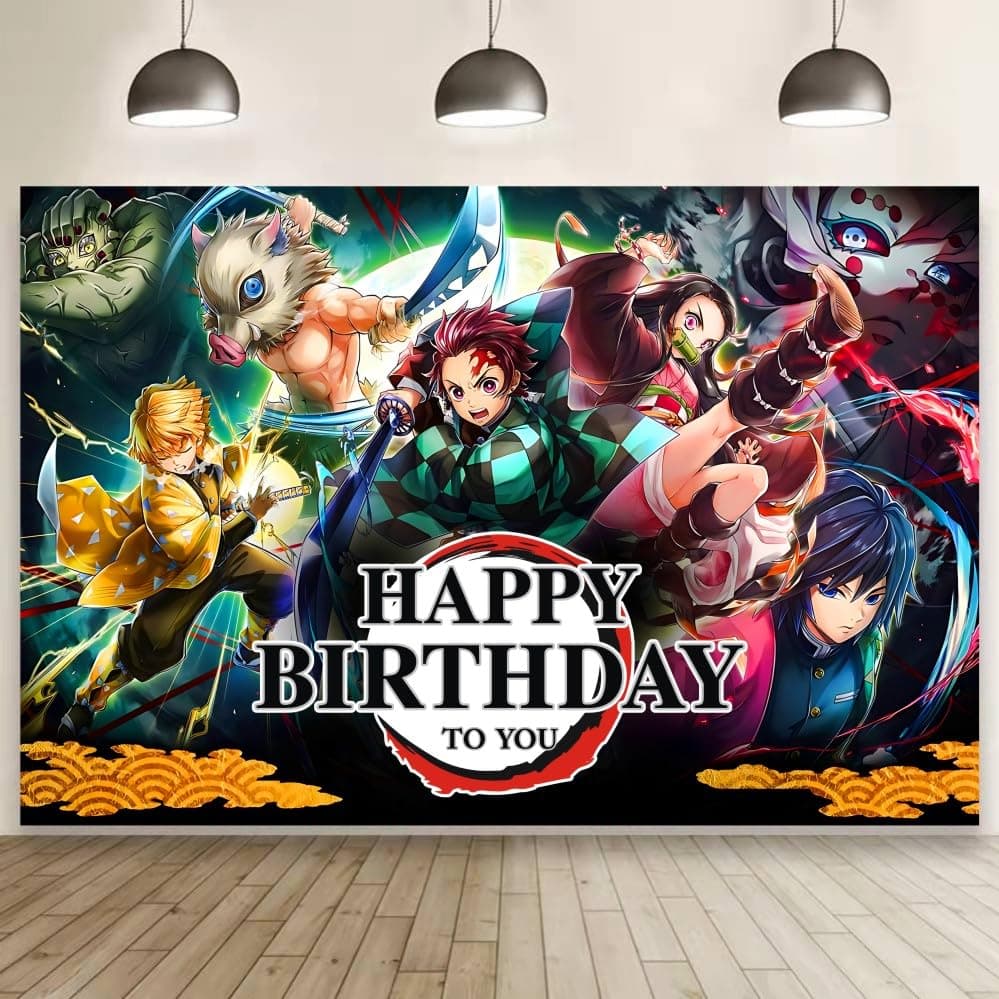 Demon Birthday Party Decorations, 5x3ft Happy Birthday Back Drop Banner Theme Backdrop Banner for Slayer Party Decorations Indoor Outdoor.