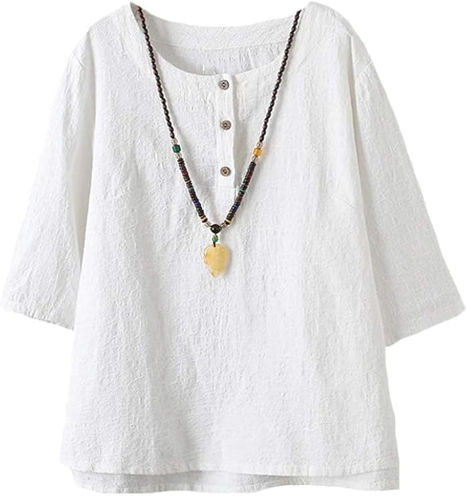 Minibee Women's 3/4 Sleeve Cotton Linen Jacquard Blouses Top T-Shirt (M, White)