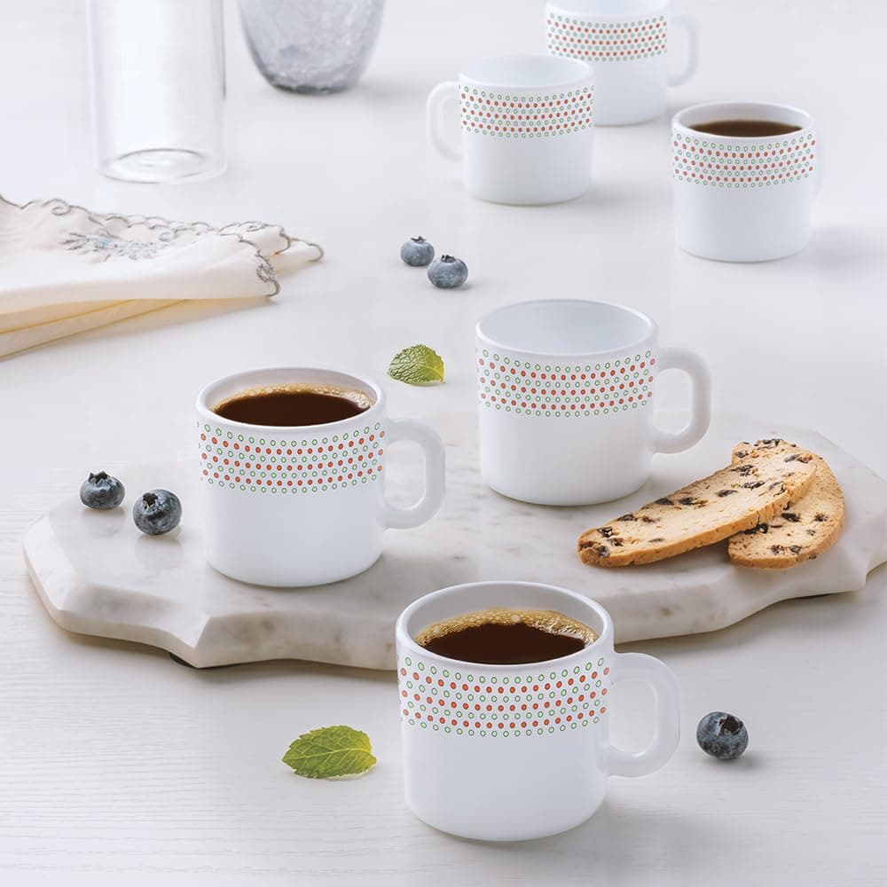 Larah by BOROSIL Waltz Opalware Mug Set of 6 TeaCoffee Mugs 100 ml Each Microwave Dishwasher Safe BoneAsh Free Crockery Set Ideal for Daily Use Gifting White