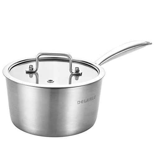DELARLO Whole Body Tri-Ply Stainless Steel 3 Quart Saucepan with Lid, Oven Safe 600℉, Heavy Duty Saucier Pan 3 Quart, Fast and Even Heat, Kitchen and Dining Sauce Pot, Induction Pot(Lids 300℉)