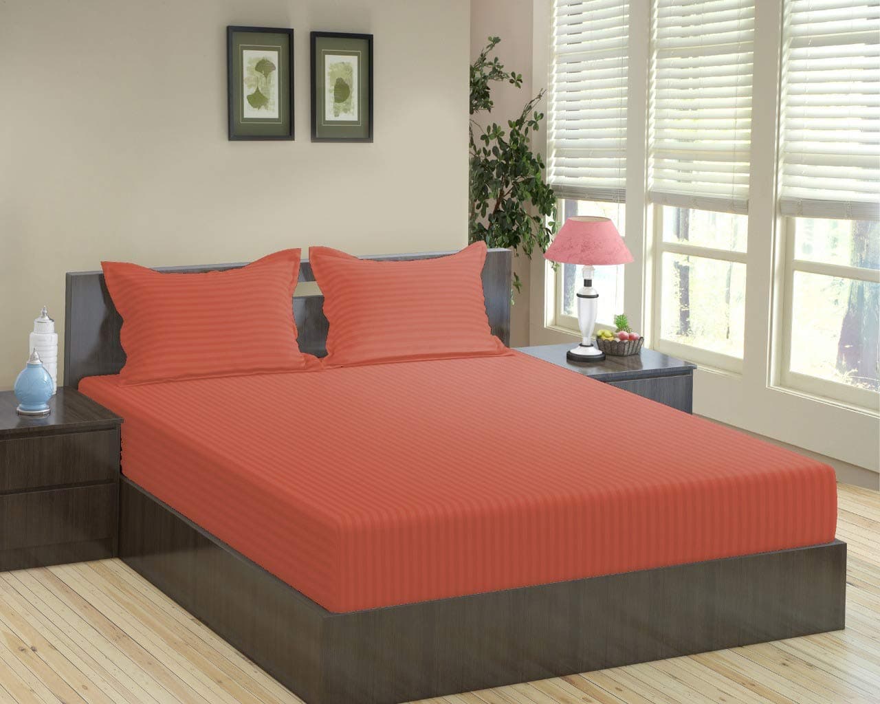 Trance Home Linen 100% Cotton 78x72 inch King Fitted 200TC Satin Stripe Elastic Fitted Bedsheet | Bedroom Hotels Daily Use Fitted Bedspread with 2 Pillow Covers (78"x72" | 6.5x6 feet, Copper Rust)