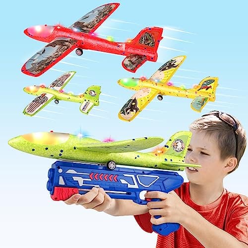 3 Pack Airplane Launcher Toy for Kids 126 LED Foam Glider Plane 2 Flight Mode Catapult Plane Boy Toys with Stickers Outdoor Flying Toys Birthday Gifts for 4 5 6 7 8 9 10 12 Year Old Boys Girls