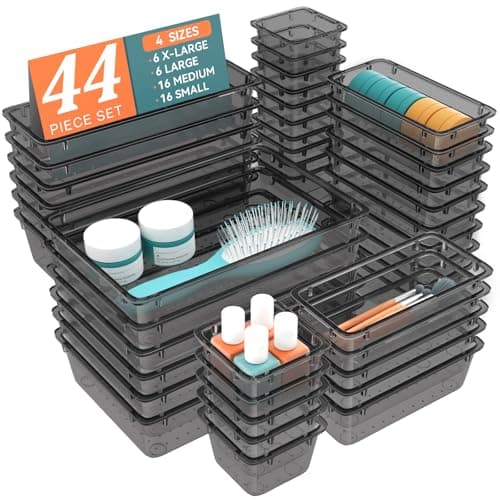 WOWBOX 44 PCS Clear Plastic Drawer Organizer Set 4 Varied Size storage Bins and Desk Drawer Organizer tool Trays for Makeup Gadgets Jewelry and Utensils in Bathroom Bedroom and Office Clear Black