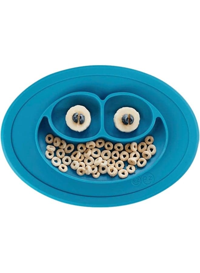 ezpz Mini Mat (Blue) - 100% Silicone Suction Plate with Built-in Placemat for Infants + Toddlers - First Foods + Self-Feeding - Comes with a Reusable Travel Bag