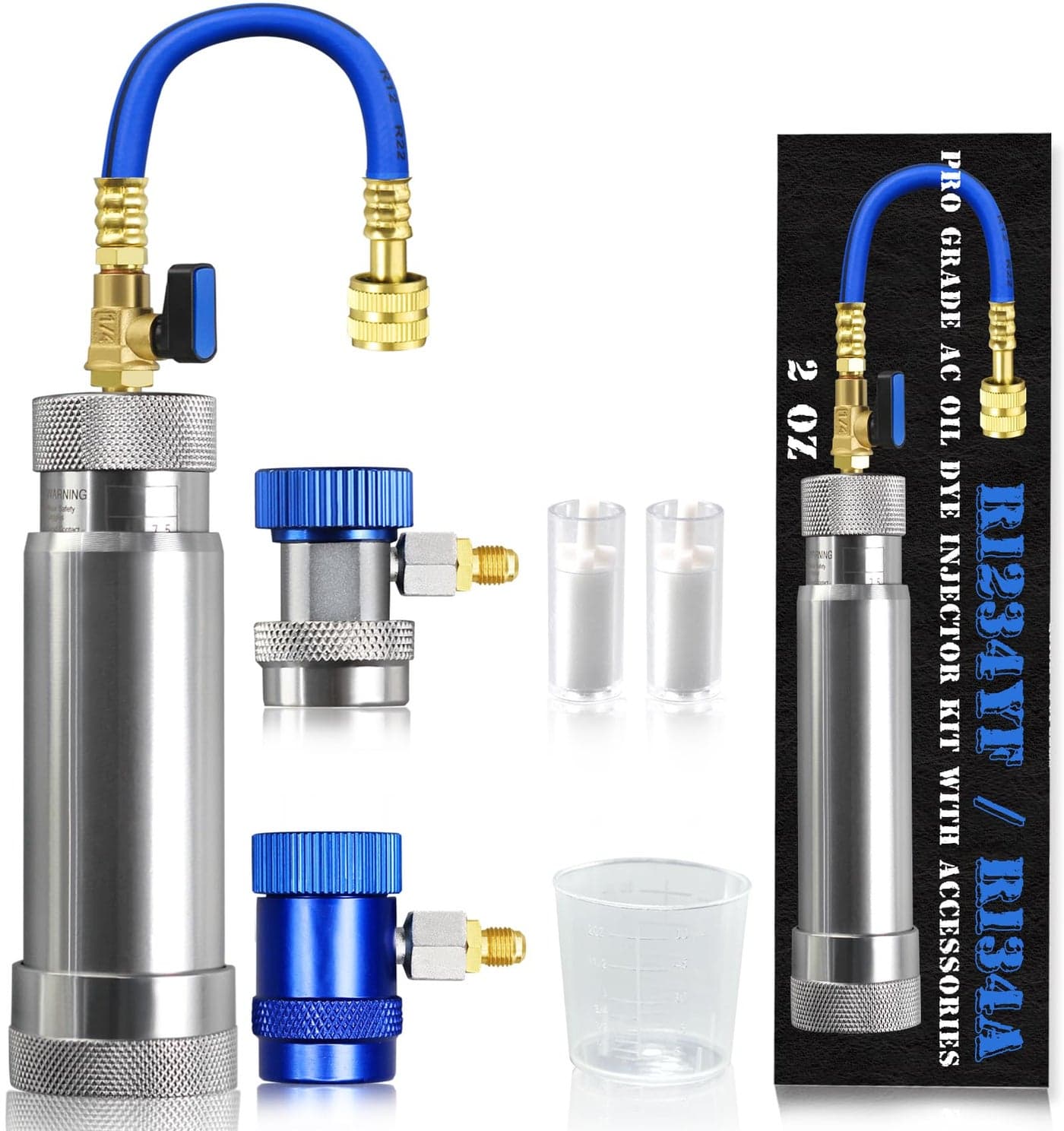 GallopMax R1234YF & R134A AC Oil Dye Injector Kit with 2 Snap Quick Couplers 2 Oil Checkers 2oz Measuring Cup