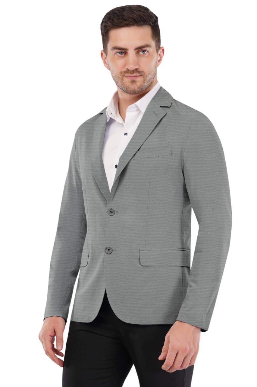 SaintX Men's 4-Way Stretchable Summer Blazer | Breathable Unlined Knitted Coat | Feels Like a Comfortable Overshirt | Modern Slim Fit | Everyday Essential For Smart Casual & Office Wear (JK07_LGRY_38)