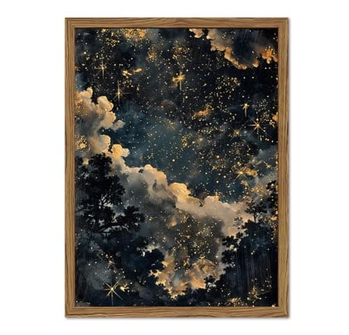 Dark Celestial Wall Art Vintage Stars Painting Wall Decor Maximalist Moody Cloud Landscape Artwork 3D Texture Hand Drawn Sandstone for Academia Bedroom Living Room 12x16 inch Wood Framed