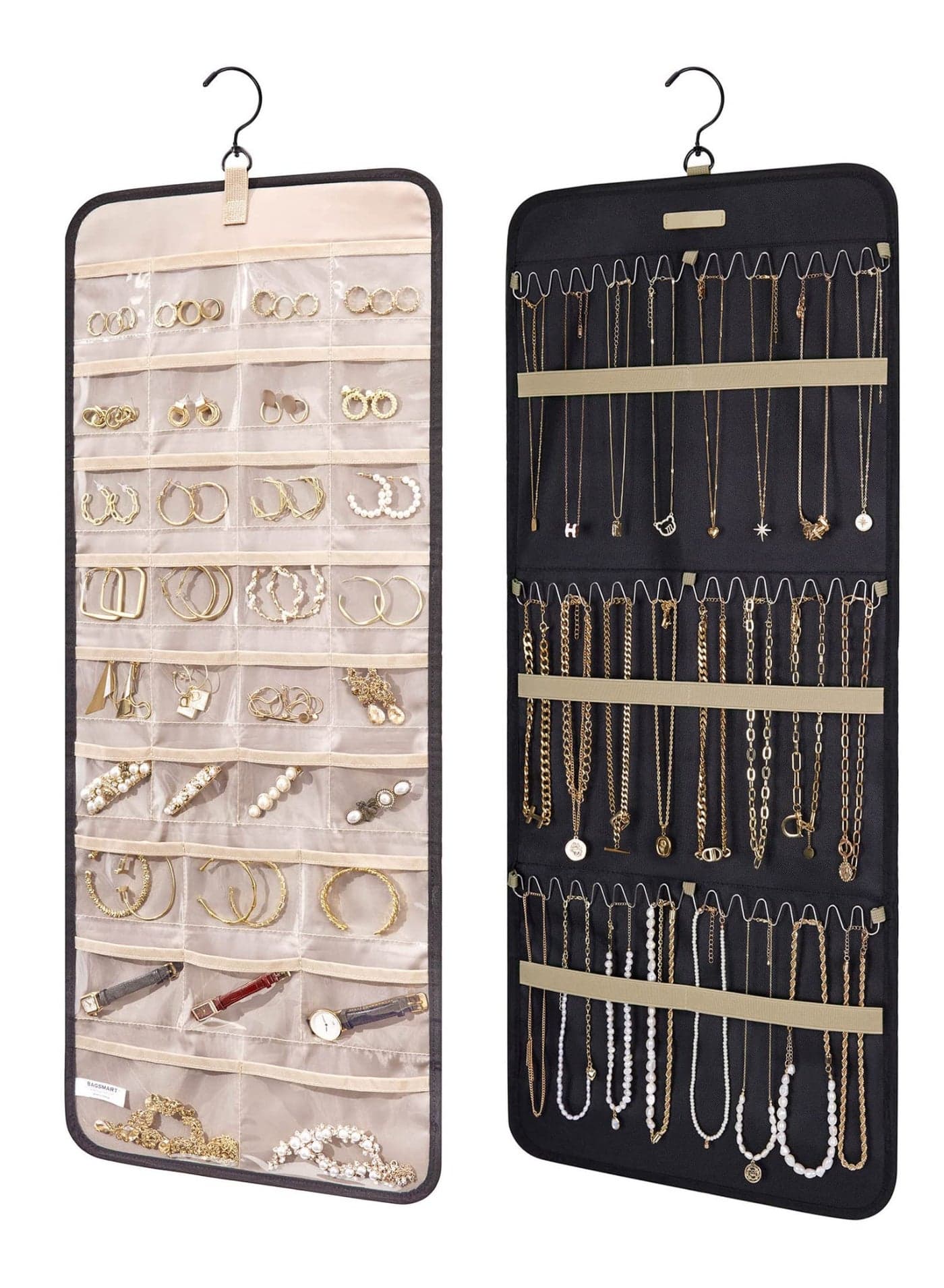 Jewelry Organizer Hanging Bag, Hanging Jewelry Storage Roll With Hook, Metal Hook Double Sided Jewelry Holder, Over Door Wall Mounted Storage Pouch, Suitable For Earrings Necklaces Closet Rings Hair Accessories Storage, Wall Door, Black, 33x14inch