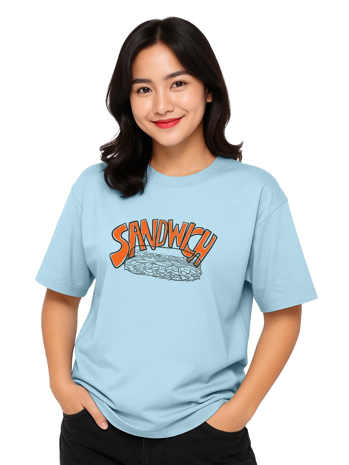 JUNEBERRY® 100% Pure Cotton Oversized Baggy Fit Round Neck T-Shirt for Women & Girls (Sizes: S to 2XL) (OS_JB_SANDWICH06_DC_S)