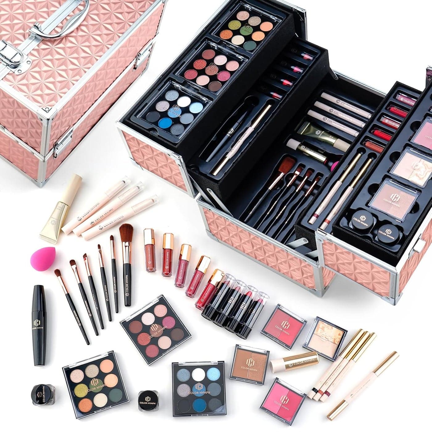 Color Nymph Professional Makeup Set for Teens, Girls & Women - Full Kit with Storage Train Case, Beginner Cosmetics Kit with Eyeshadow, Blush, Lipstick, Lipgloss, Mascara & Tools - Pink