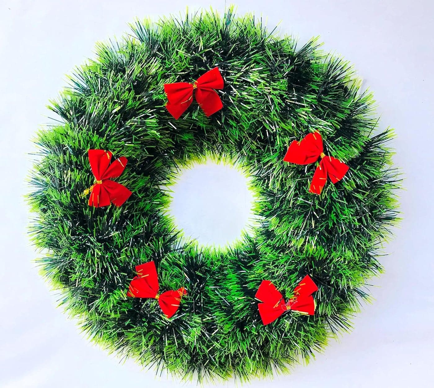 Evisha Green Tinsel Big Merry Christmas Wreath Hanging Ornaments Wall Bowknot for Christmas Party Wall Decoration