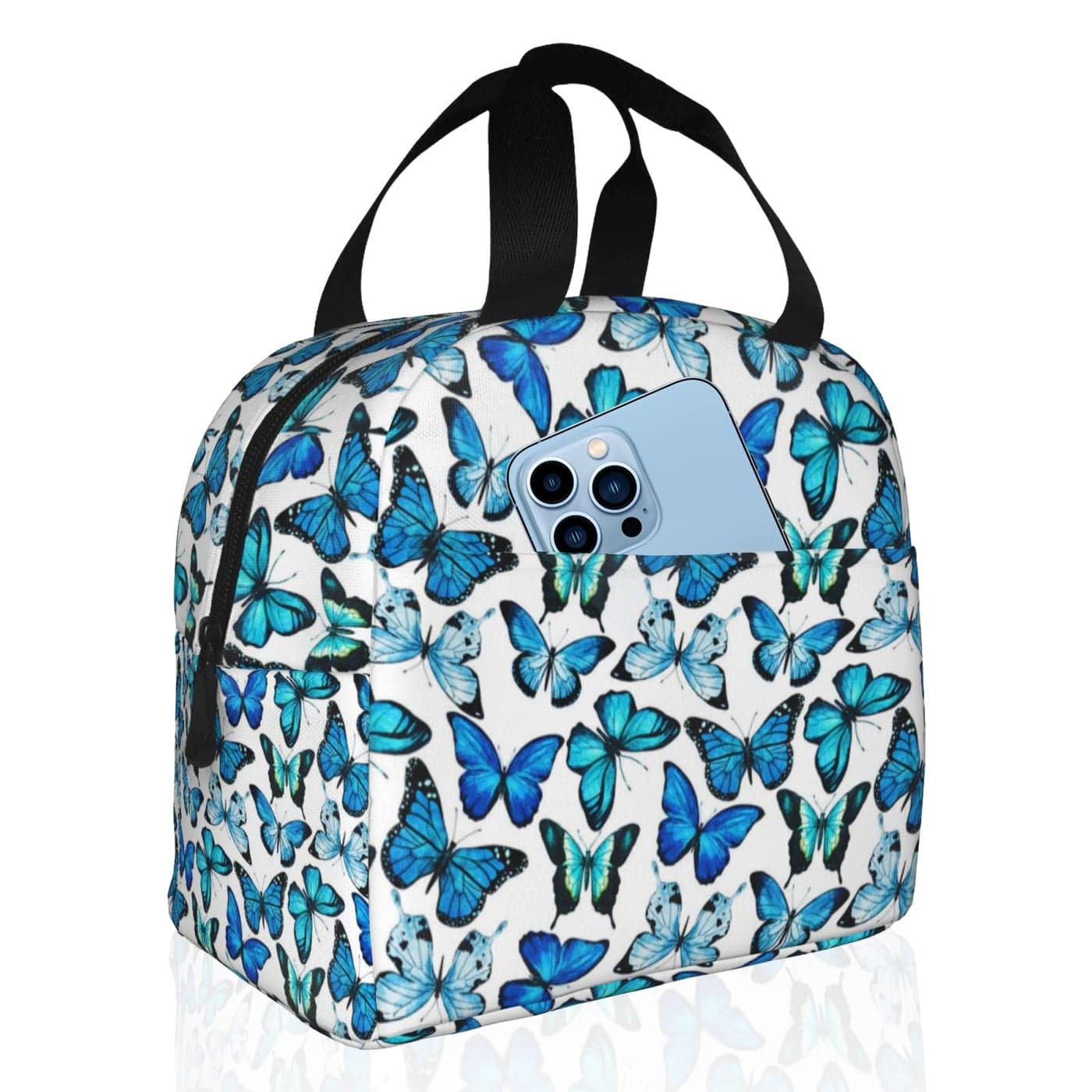 Insulated Lunch Bag Box for Women with Blue Butterfly Print Cooler Thermal Waterproof Reusable Tote Bag with Big Pocket for Work Office Picnic College