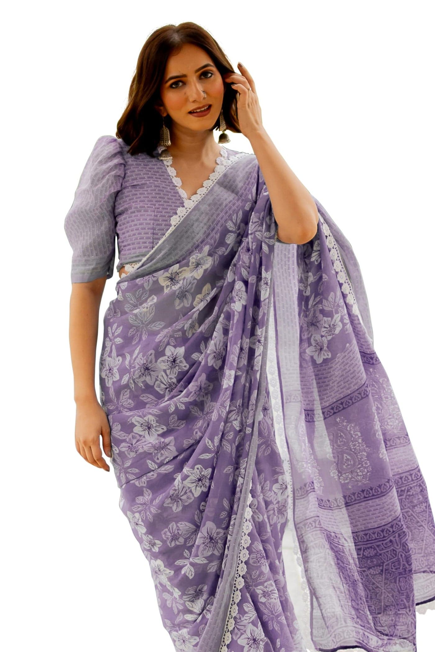 MIRCHI FASHION Linen Cotton Sarees for Women Floral Printed Saree with Blouse Piece (43062 - Dusty Lavender, White)