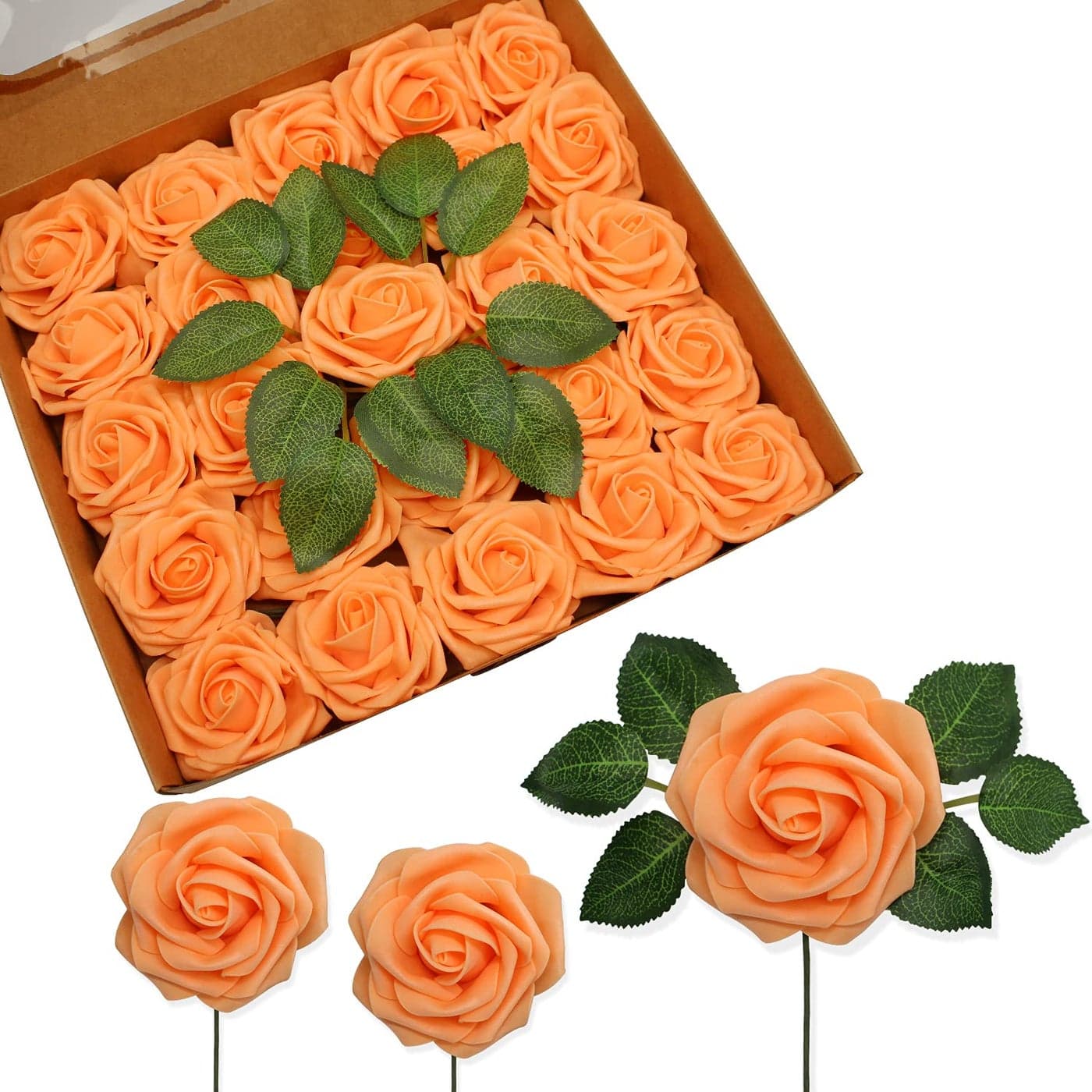JOYLEX Artificial Flowers Realistic Roses 25pcs Real Looking Fake Roses with Stem for DIY Wedding Bouquets Centerpieces Bridal Shower Party Romantic Decorations 25pcs Orange