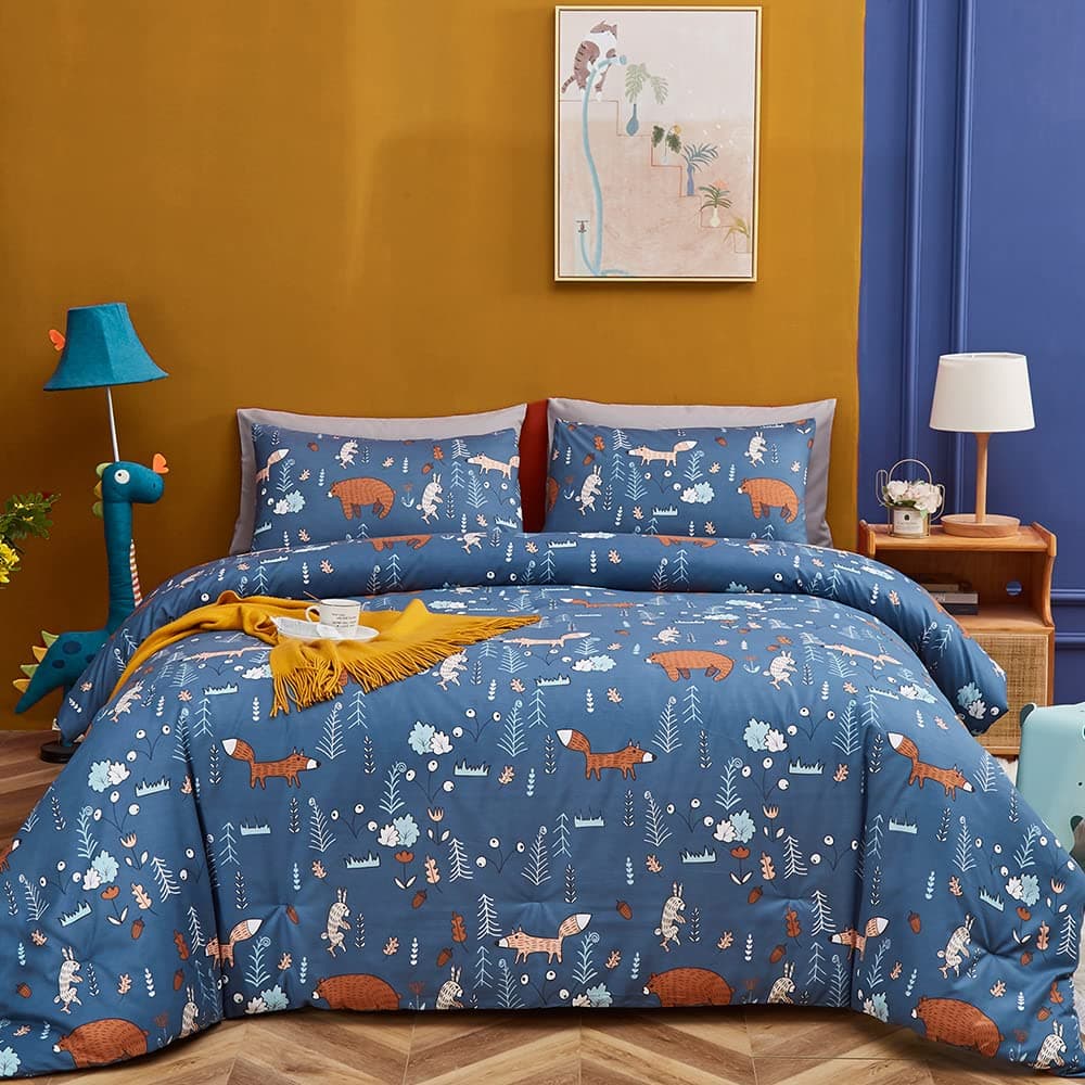 CLOTHKNOW Navy Blue Twin Duvet Cover Set 3Pcs Animal Cartoon Bedding Sets Forest Woodland Theme Bedding Duvet Cover Sets Kids Bedding Cover with 2 Pillowcases