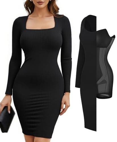 Popilush Party Dresses for Women Winter Bodycon Long Sleeve Square Neck Midi Dress Built-in Bra Cocktail Shapewear Tummy Control Club Black Fall