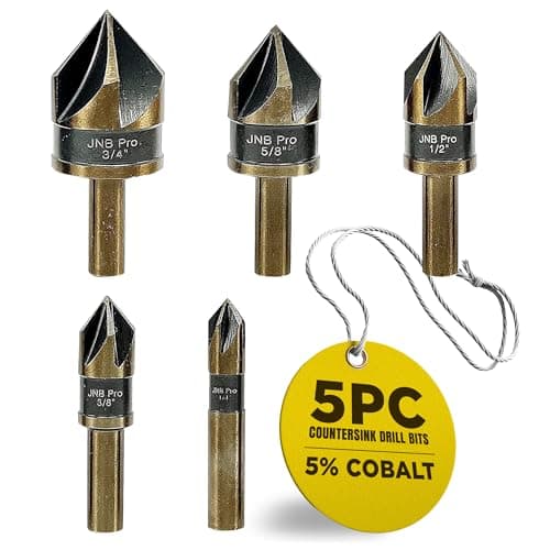 JNB Pro 5PC Countersink Bits for Steel - Sizes 1/4" 3/8" 1/2" 5/8" 3/4", Metal Working Countersinks, 5 Flute Design 82° M35 HSS 5% Cobalt Grade Bit 1/4" Shank - Ideal for Stationary or Hand Drill