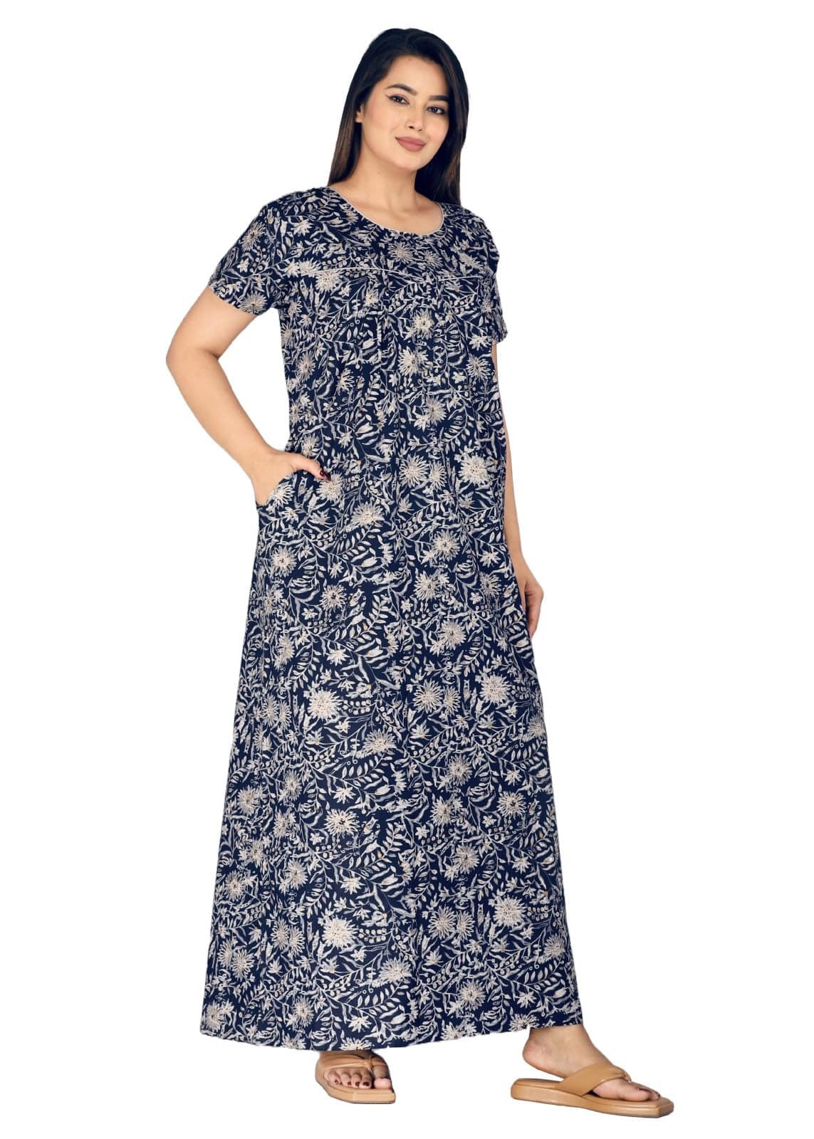 Urali® Women's Printed 100% Cotton Night Gown (Navy Blue, XL) - S468
