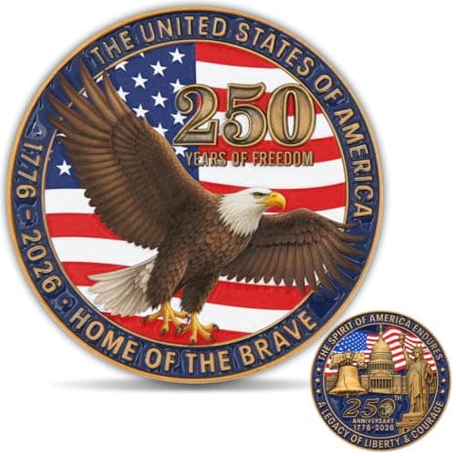 USA 250th Anniversary Challenge Coin Bald Eagle Liberty Design 17762026 250 Years of Freedom Collectible Coin Heavyweight Zinc Alloy with Clear Acrylic Case 1 Pack