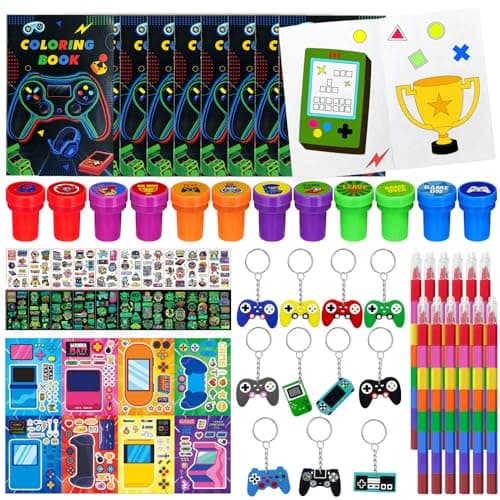 Cinrobiye 72 Pcs Video Game Party Favors Set Video Game Coloring Books Rainbow Pencils Tattoos Stickers Stampers for PinatasGamer Birthday Supplies Goodie Bag Fillers Gaming Party Prizes