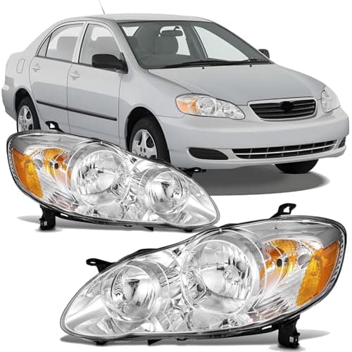 2PCS OE Style Headlight Assembly Set For 2003 2004 2005 2006 2007 2008 Toyota Corolla CE LE S Sedan Replacement Front Headlamps Chrome Housing Amber Reflector Driver and Passenger Side