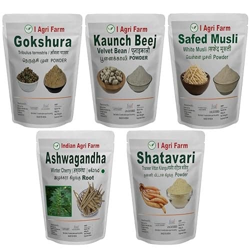 Iagrifarm Ashwagandha, Kaunch Beej, Gokhru chota, Safed Musli And Shatavari Powder (Pack of 5, each 50g)