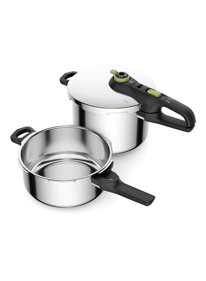 TEFAL Secure Trendy 6L+4L Pressure Cookers Set | Fast Cooking | Attractive Design | 2 Programs | Safe | Induction Compatible | 2 Years Warranty | P2584300 Stylish with a touch of color 4, 6Liters Stylish with a touch of color 4, 6Liters