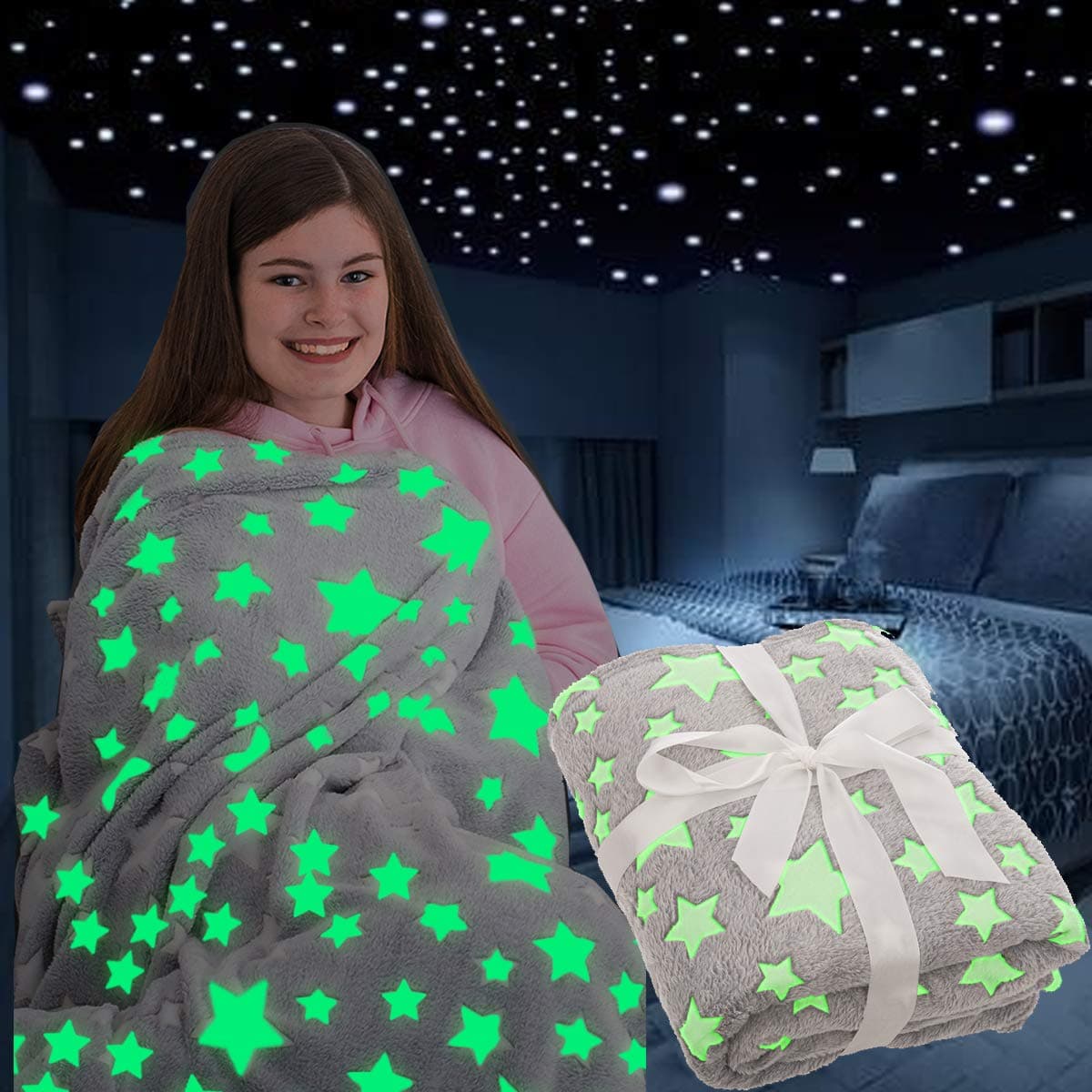 FiNeWaY Glow in The Dark Throw Blanket Flannel Moon Star Unicorn Gifts for Kids Girls Boys Adults Bedroom Cosy Warm Super Soft Plush Fleece Faux Fur Stars Grey