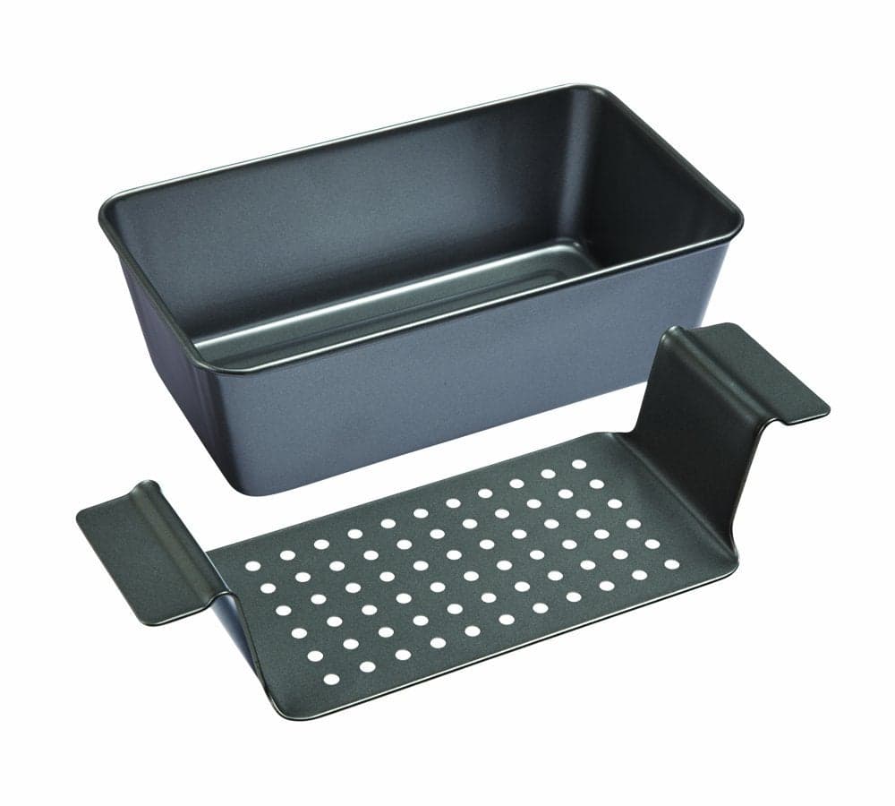 Chicago Metallic 2Piece Healthy Meatloaf Pan with Draining Insert Professional Grade NonStick Carbon Steel Baking Pan with Lift and Serve Feature 122 inch Grey