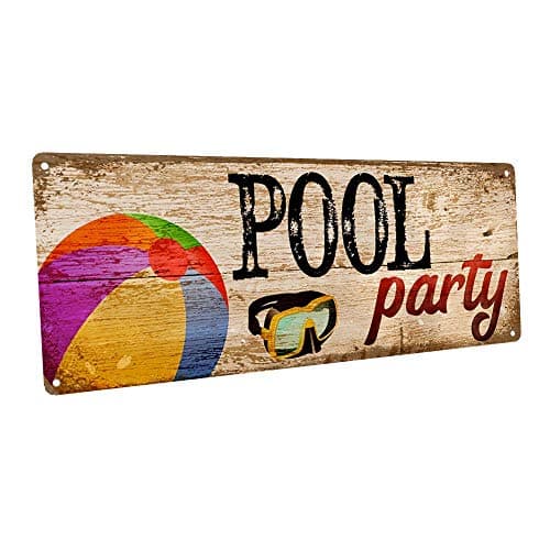 Pool Party 6"x16" Metal Sign, Wall Décor for Porch, Patio, and Deck
