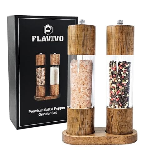 FLAVIVO Wooden Salt and Pepper Grinder Set Manual Premium Acrylic Salt and pepper Mills with Adjustable Ceramic Core and Wooden Stand 8Inch Refillable Giftable Shakers 2 Pieces with Tray