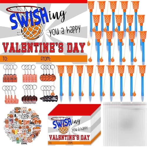 Gosodeny 24 Pack Basketball Party Favor Set with Mini Hoop Pens Keychains Stickers Exchange Cards and Gift Bags Bulk Gifts Sports Birthday Goodie Bag Fillers for Adult