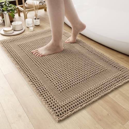 AMOAMI Waffle Bath-Mat, 24"x36" Super Absorbent Bath Mats for Bathroom Non Slip, Machine Washable Bathroom Rugs with Tassels Ultra Soft Boho Bath Rugs for Floor Beige