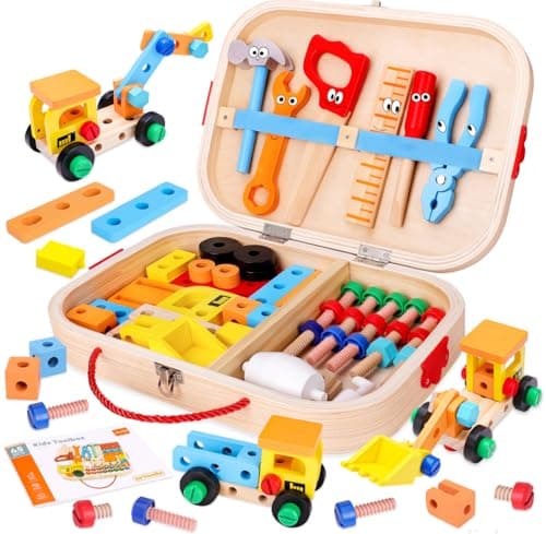 MindPal 45 Pcs Kids Tool Set Toddler Tool Set with Tool Box STEM Construction Preschool Educational Toys for Age 3 4 5 6 7 Boys Girls Wooden Tool Kits Toys Christmas Birthday Present for Kids