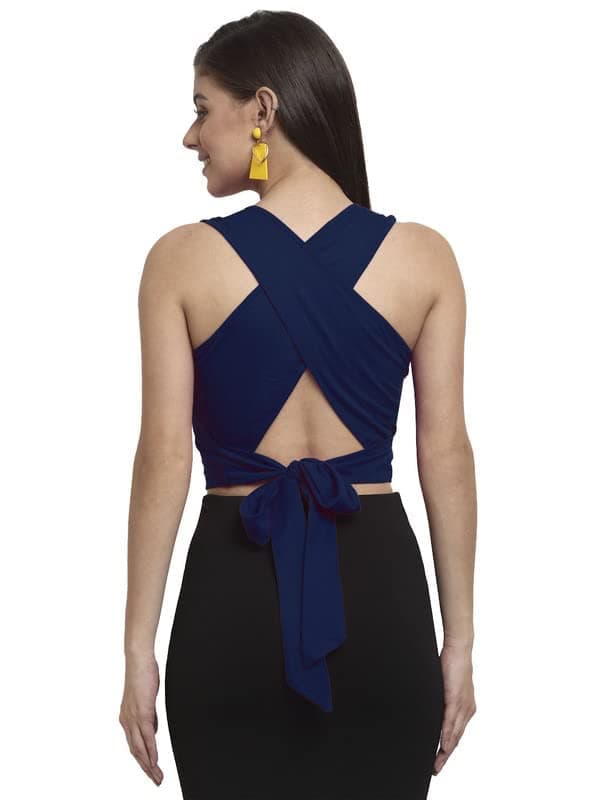 ELEVANTO Women's Latest Round Neck Stylish Criss Cross Back Tie Backless Crop Top Bardot Blouse/Tops for Summer/Basis Tshirt(Navy-XL)