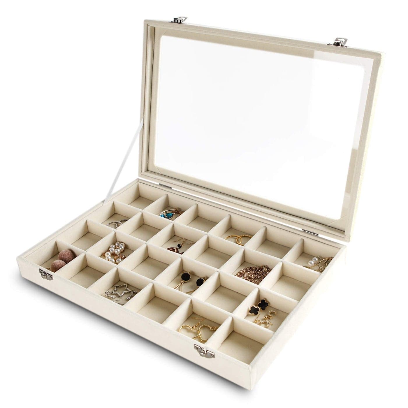 Frebeauty Jewelry Organizer Tray with Clear Lid 24 Grid Velvet Drawer Insert Jewelry Storage box with Transparent Glass lid Jewelry Display Case with Lock Gifts for Girls Women Beige 24 Grid
