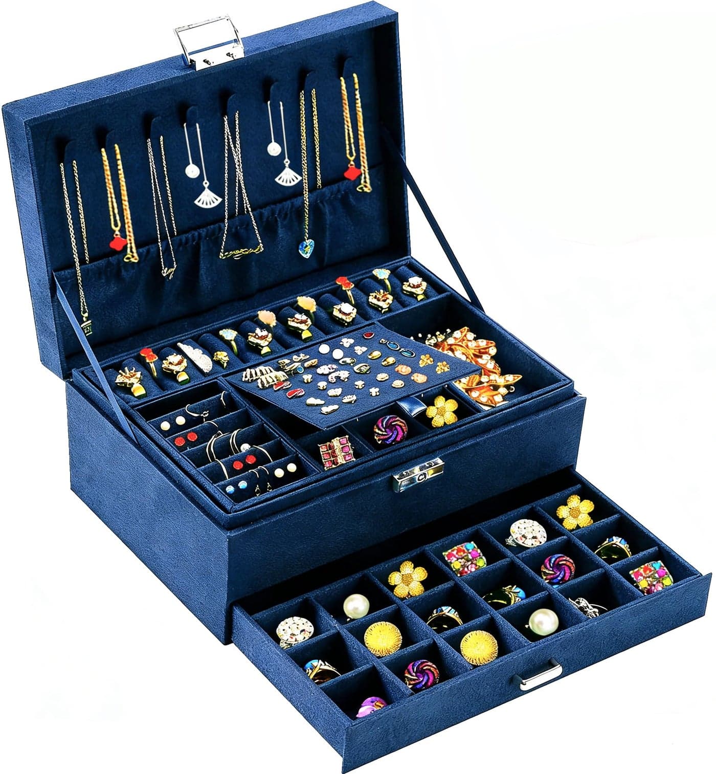 Qbestry Jewelry Boxes for Women Navy Velvet Jewelry Organizer with Lock,Teen and Storage Earring and Necklace Holder Organizer Box Womens Jewelry Box for Necklaces Earrings Rings Bracelets, Blue