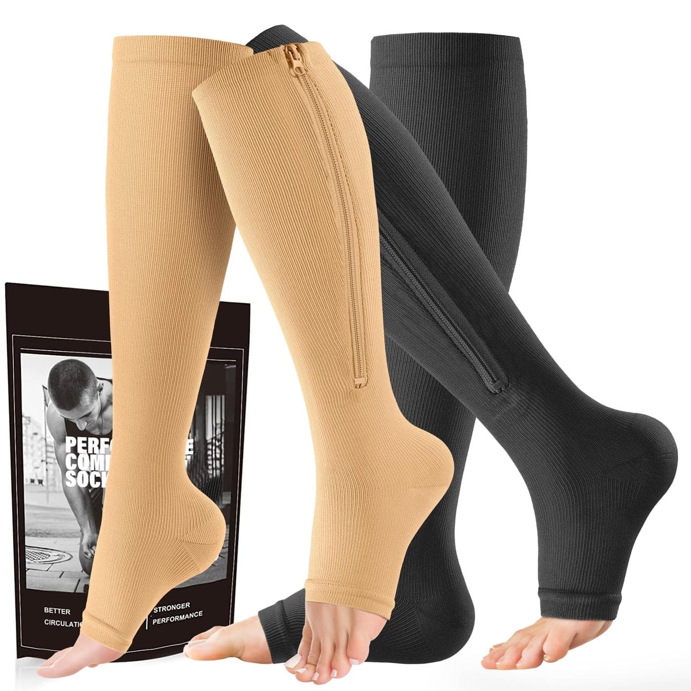 cerpite Zipper Compression Socks 2 Pairs Open Toe Compression Stockings for Men Women 1520mmHgSuit for Running Sport